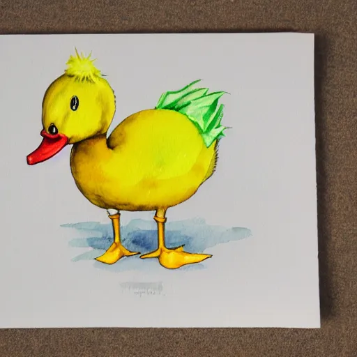 Prompt: watercolor yellow duck with party hat and middle finger pointing up, white background, highly detailed, art,