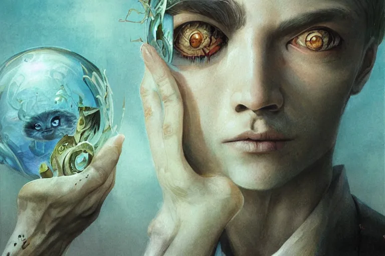 Prompt: man face, large round eyes, concept art, fantasy illustration, by tran nguyen and wylie beckert