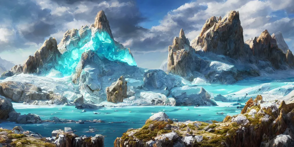 Image similar to a salt covered island surrounded by colourful rugged crystal quartz mountains, illustration, bright sunlight, sun glints, sunrays, digital art, hyperrealistic, oil painting, fantasy, 8 k, trending on artstation, detailed