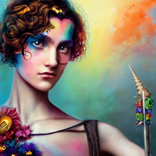 Image similar to Lofi biopunk portrait beautiful woman with short brown curly hair, roman face, unicorn, rainbow, floral, Pixar style, Tristan Eaton, Stanley Artgerm, Tom Bagshaw