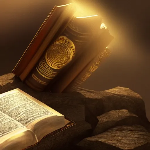 Image similar to photorealistic Bible, on a rock, heavenly light shining onto it, golden light, aura, cgsociety, artstationhq, digital art, detailed