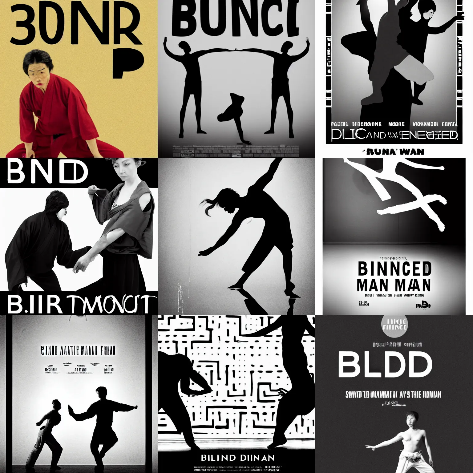 Prompt: poster for short film blind, dance, man, woman, kung fu, minimalist, monochromatic, beautiful, choreographed