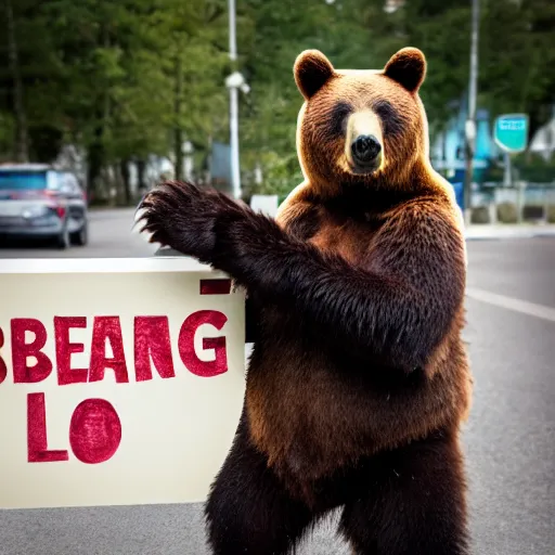 Image similar to ! bear! holding a sign that says bear, 5 0 mm lens, bokeh, good lighting