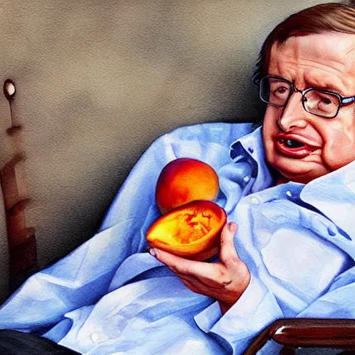 Image similar to stephen hawking eating a peach delicious food art greg rutkowski james gurney