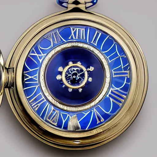 Prompt: close up photo of a sapphire pocket watch, high detail, complex