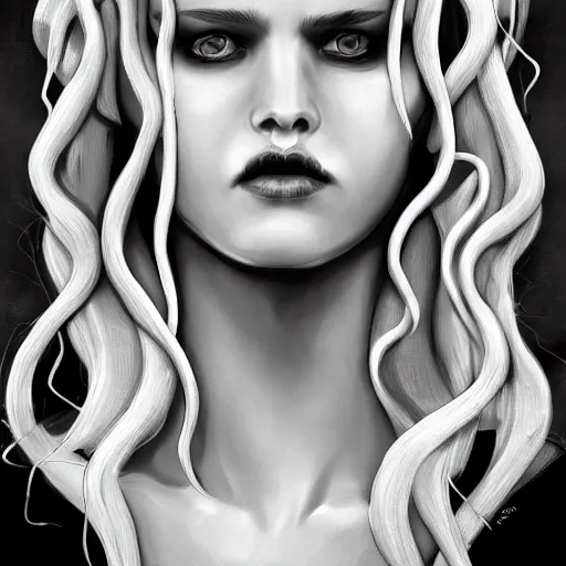 Image similar to medusa portrait painting, black and white, wicked grin, artstation, detailed, blurred background