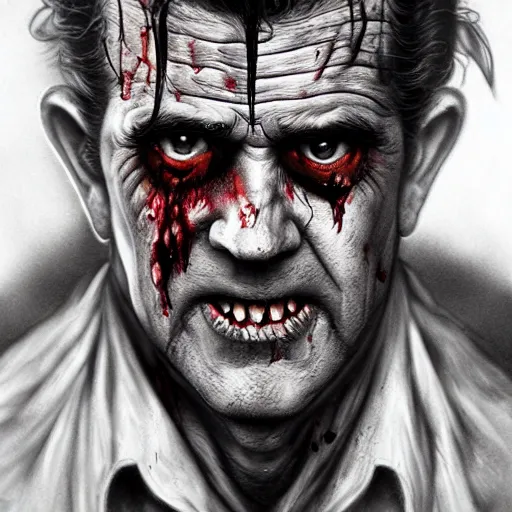 Prompt: a zombie Mel Gibson, by WLOP, horror, wounds, bloody, dark fantasy, trending on artstation