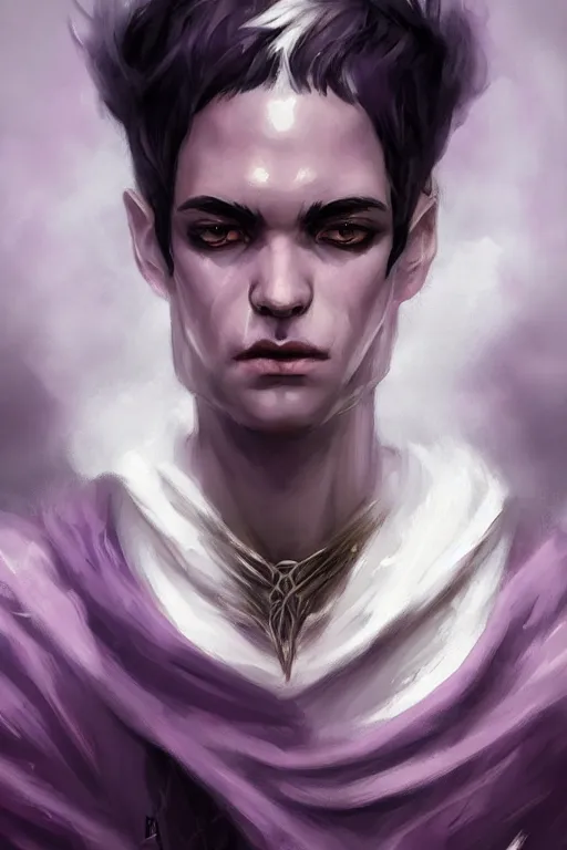 Prompt: white horns djinn human mix, black hair , portrait, concept art, purple and white thich cloak, single face, illustration, costume design, editorial photo, fashion, hyperrealism, realism, trending on artstation, Charlie Bowater, WLOP