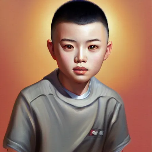 Image similar to chinese boy with buzzcut, oil painting, artgerm, portrait, highly detailed, artstation