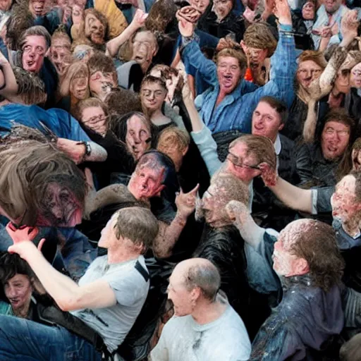 Image similar to several clones of stephen hawking raving in a muddy mosh pit