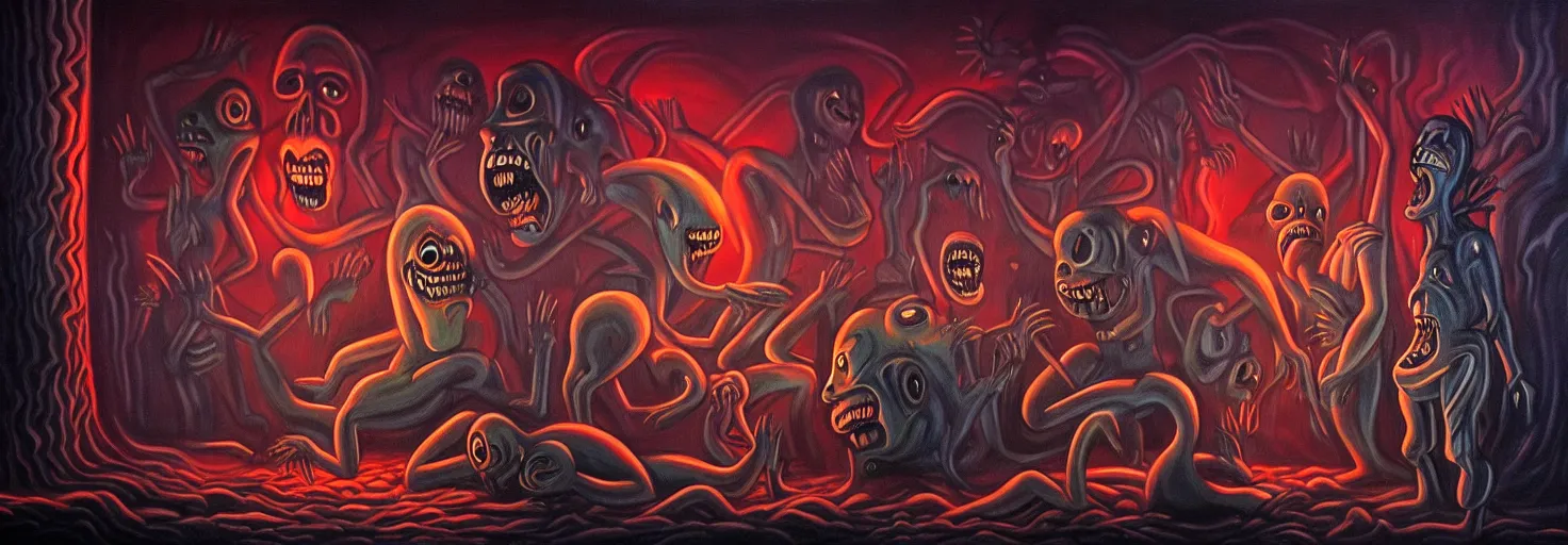 Image similar to visceral freaky obsessive monsters from the darkest depths of collective unconscious, dramatic glowing lighting, 1 9 3 0 s fleischer cartoon characters, wild emotional expressions - surreal painting by ronny khalil