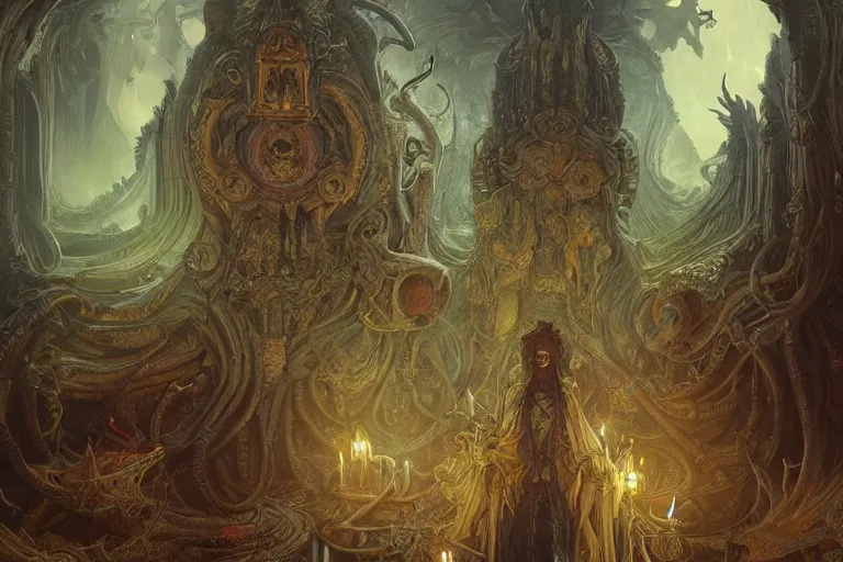 Image similar to a lovecraftian painting of a demonic shrine, occult, cult members, cosmic horror elements, ultra realistic, concept art, intricate details, eerie, highly detailed, photorealistic, octane render, 8 k, unreal engine. art by artgerm and greg rutkowski and alphonse mucha