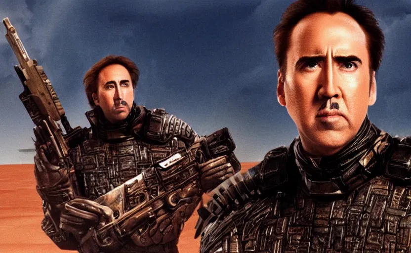 Prompt: Nicholas Cage!! in Dune 2021 by denis villeneuve, screenshot, still, movie poster, wallpaper, movie scene, Dune!