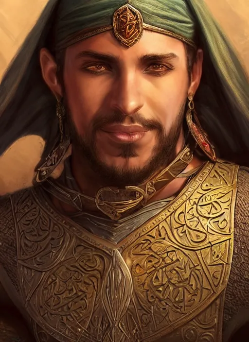 Image similar to arabian human male, ultra detailed fantasy, dndbeyond, bright, colourful, realistic, dnd character portrait, full body, pathfinder, pinterest, art by ralph horsley, dnd, rpg, lotr game design fanart by concept art, behance hd, artstation, deviantart, hdr render in unreal engine 5