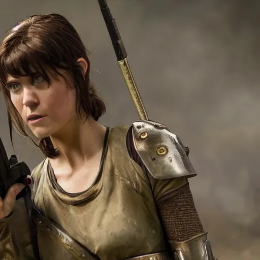 Image similar to mary elizabeth winstead as a warrior in a scifi battlefield