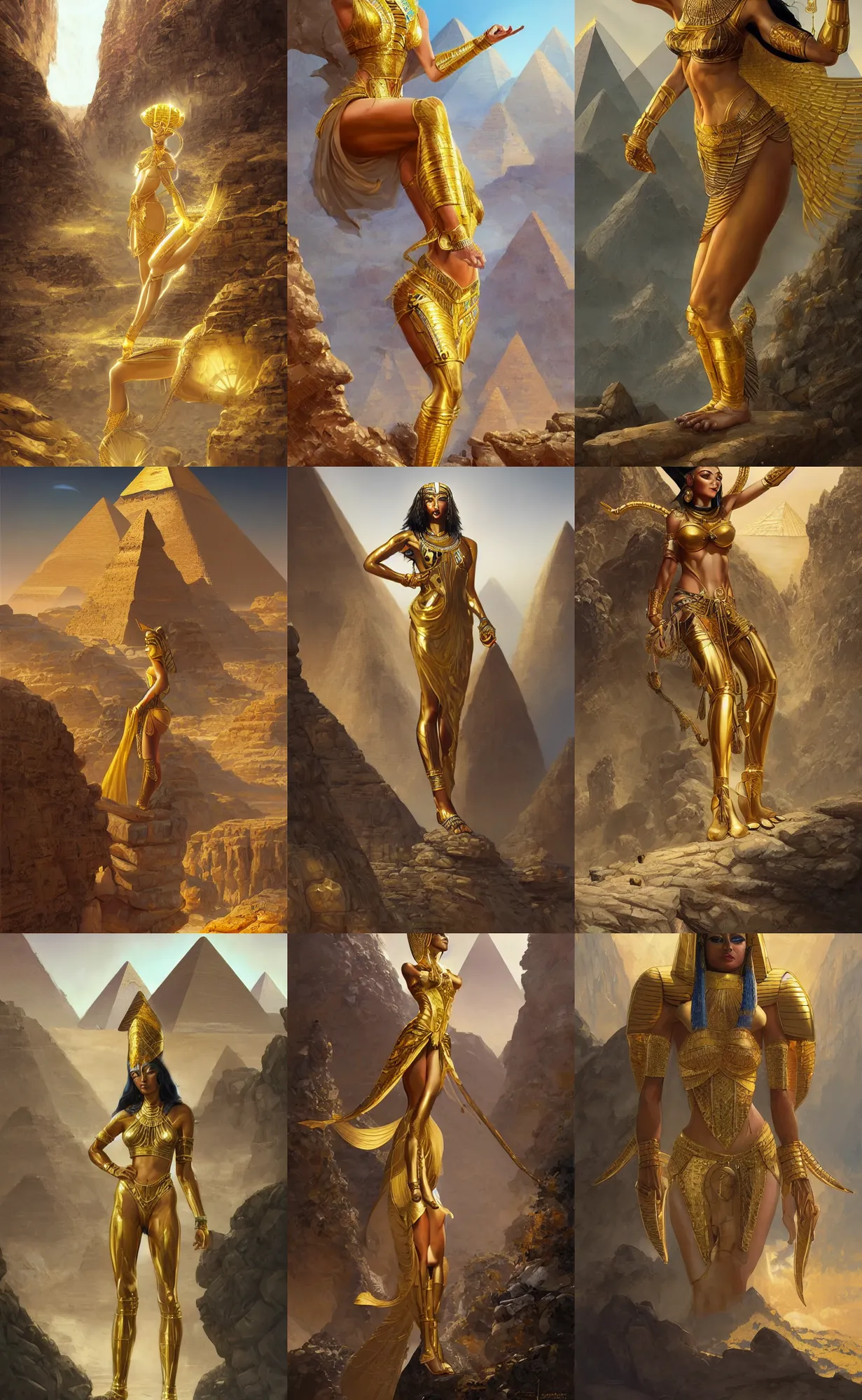 Prompt: gold yellow skin, egyptian goddess of magic, rocks and mountain background, highly detailed, digital painting, artstation, concept art, sharp focus, illustration, orientalism, art by aleksi briclot and mohrbacher and raphael lacoste and magali villeneuve