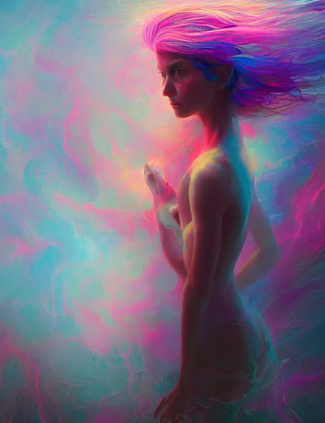 Image similar to A woman made of mist, in a colorful atmosphere, masterpiece digital painting by Alex Grey, Greg Rutkowski, 4k wallpaper