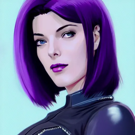 Image similar to A combination of Grace Kelly's and Katheryn Winnick's and Ashley Greene's faces with short violet hair as Motoko Kusanagi from Ghost in The Shell, cyberpunk style, synthwave aesthetic, fantasy, intricate, elegant, highly detailed, digital painting, artstation, concept art, matte, sharp focus, illustration, half body portrait, anime style, art by Artgerm and Greg Rutkowski and Alphonse Mucha