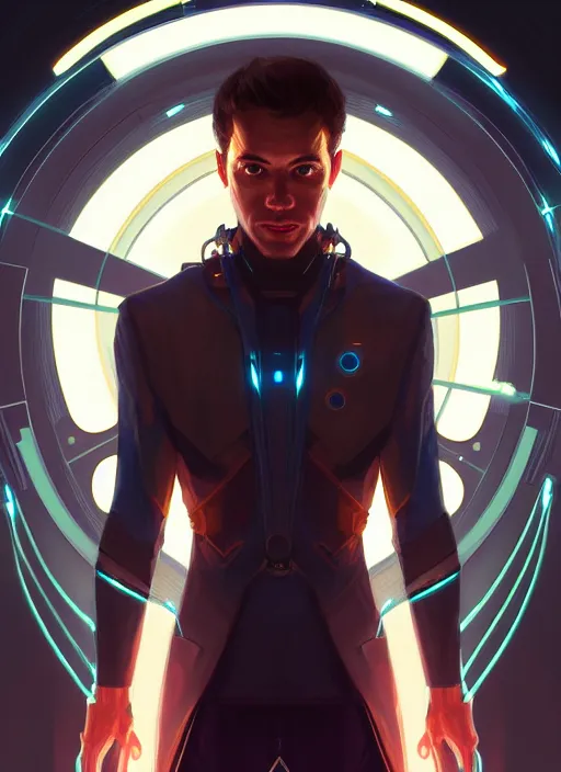 Image similar to symmetry!! portrait of male wizard, sci - fi, tech wear, glowing lights!! intricate, elegant, highly detailed, digital painting, artstation, concept art, smooth, sharp focus, illustration, art by artgerm and greg rutkowski and alphonse mucha