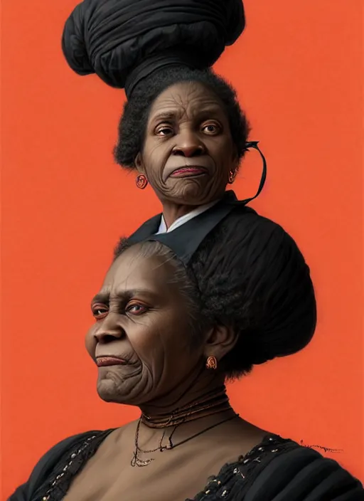 Image similar to a portrait of an old black woman with a crooked nose in victorian clothing, confident pose, intricate, elegant, sharp focus, illustration, highly detailed, concept art, matte, trending on artstation, anime, art by james jean and artgerm and brian despain and alberto mielgo, greg rutkowski, wlop, ilya kuvshinov, strong strokes