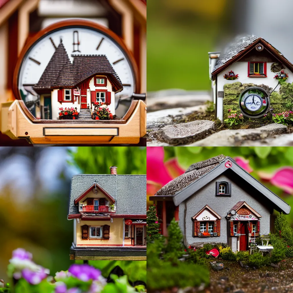 Prompt: photograph of a beautiful mini Swiss chalet, on a watch mechanism landscape, macro lens, photorealistic, 8K,