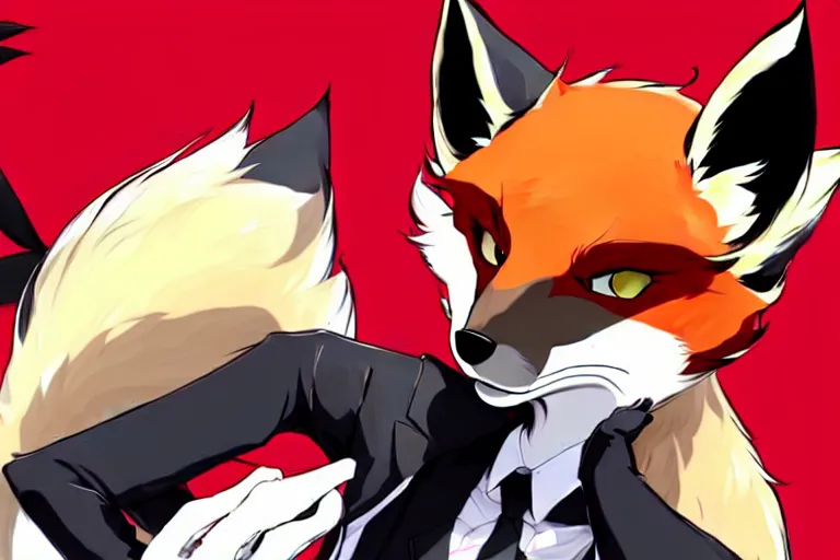 Image similar to a furry tan male fox on a persona 5 : royal ( by atlus ) video game splash screen, a furry male sandcolored tan fox fursona ( has hair ), persona 5 phantom thief style