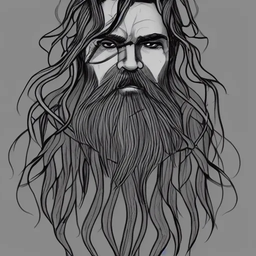 Prompt: bearded male druid gray face pointy ears with vines as hair detailed ultra realistic drawing