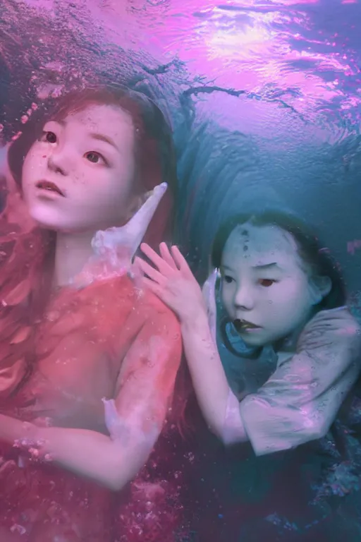 Prompt: 3d realistic dramatic infrared photo of two schoolgirls sisters with a realistic cute face fighting in a dark subway station under water in Japan. Close-up portrait. There are pink palm trees and translucent glow jellyfish flying around. Volumetric composition. Pastel colors in the style of Hiro Kiyohara, redshift, octane, trend artstation, cinematic, hyper realism, high detail, 8k