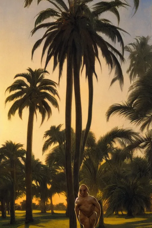 Image similar to Grey Alien, golden hour, next to a dairy farm, palm trees, artstation, by J. C. Leyendecker and Peter Paul Rubens, - 12p