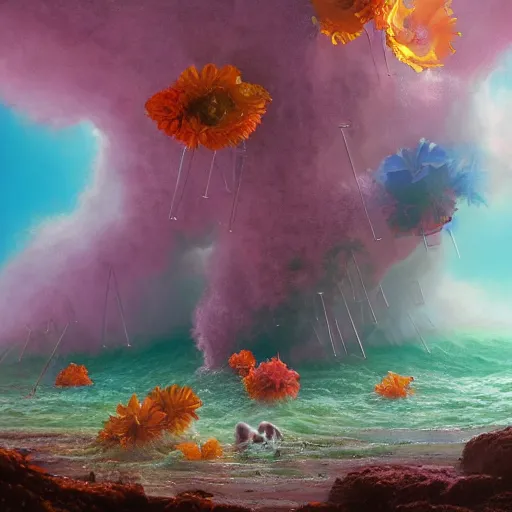 Prompt: beautiful matte painting of Colorful cubes forming themselves into flowers or animals while they dance along the waves of electromagnetism by John Howe and Moebius and Bastien Lecouffe Deharme and Andreas Rocha, Trending on artstation, barometric projection, rectilinear, f8, octane render, hyperrealism