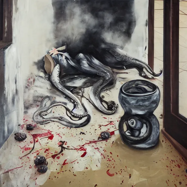 Image similar to a female artist's apartment, sensual portrait of a woman sleeping, cracked handmade pottery vase, torn paper smouldering smoke, candles, white flowers on the floor, puddle of water, octopus, squashed berries, neo - expressionism, surrealism, acrylic and spray paint and oilstick on canvas