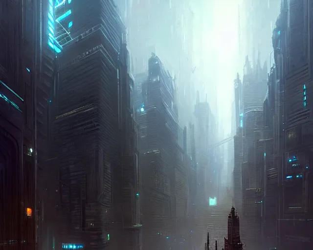 Prompt: great city being watched over by an all-seeing malevolent AI, a sci-fi digital painting by Greg Rutkowski and James Gurney, trending on Artstation, eerily beautiful, highly detailed