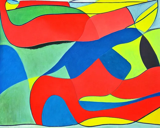 Prompt: A wild, insane, modernist landscape painting. Wild energy patterns rippling in all directions. Curves, organic, zig-zags. Saturated color. Childrens art. Matisse.