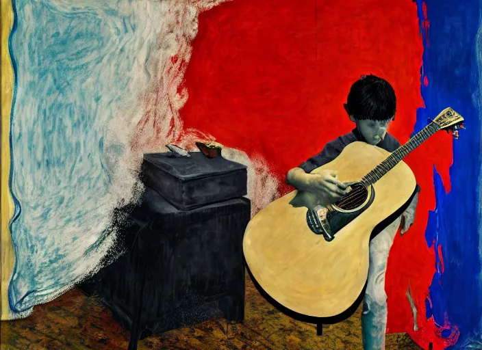 Image similar to nervous boy with acoustic guitar, vincent lefevre and hernan bas and pat steir and peter doig and hilma af klint, psychological, photorealistic, dripping paint, washy brush, rendered in octane, altermodern, masterpiece