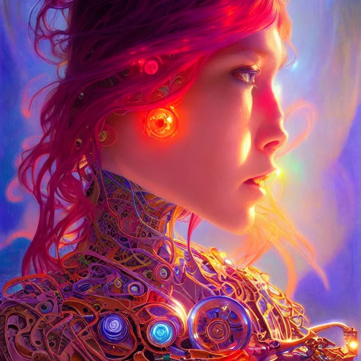 Image similar to bright psychedelic organic cyborg with glowing skin and long hair, diffuse lighting, fantasy, intricate, elegant, highly detailed, lifelike, photorealistic, digital painting, artstation, illustration, concept art, smooth, sharp focus, art by John Collier and Albert Aublet and Krenz Cushart and Artem Demura and Alphonse Mucha