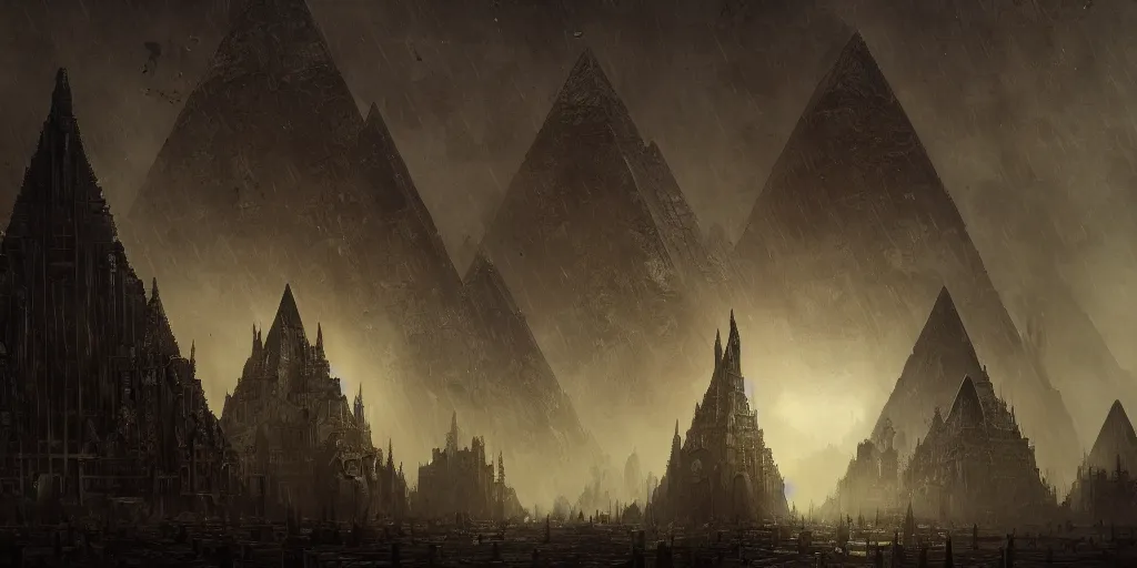 Prompt: dark, hive city, pyramid form, massive, extremely intricate, gothic, fog, greg rutkowski, darek zabrocki, marcin rubinkowski, lorenzo lanfranconi, oleg zherebin, karlkka, trending on artstation