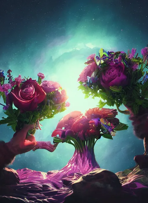 Image similar to An epic fantastic realism comic book style painting of the most beautiful entwined flowers launched across the dark galactic night sky, nebulous bouquets, fisheye lens, unreal 5, DAZ, hyperrealistic, octane render, dynamic lighting