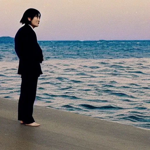 Image similar to japanese man with long hair in a beige suit standing in the ocean looking at the camera, wide shot, far!!!!!!! away, zoomed out, distance!!!!!!! shot, sunset, centered!!!!!!!!!!, album cover, tatsuro yamashita, 1980, ride on time
