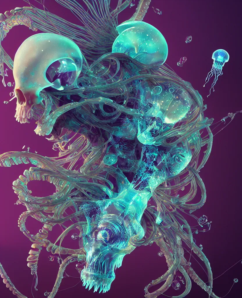 Image similar to goddess close-up portrait ram skull, thorax, x-ray, backbone, jellyfish phoenix head, nautilus, orchid, skull, betta fish, bioluminiscent creatures, intricate artwork by Tooth Wu and wlop and beeple. octane render, trending on artstation, greg rutkowski very coherent symmetrical artwork. cinematic, hyper realism, high detail, octane render, 8k