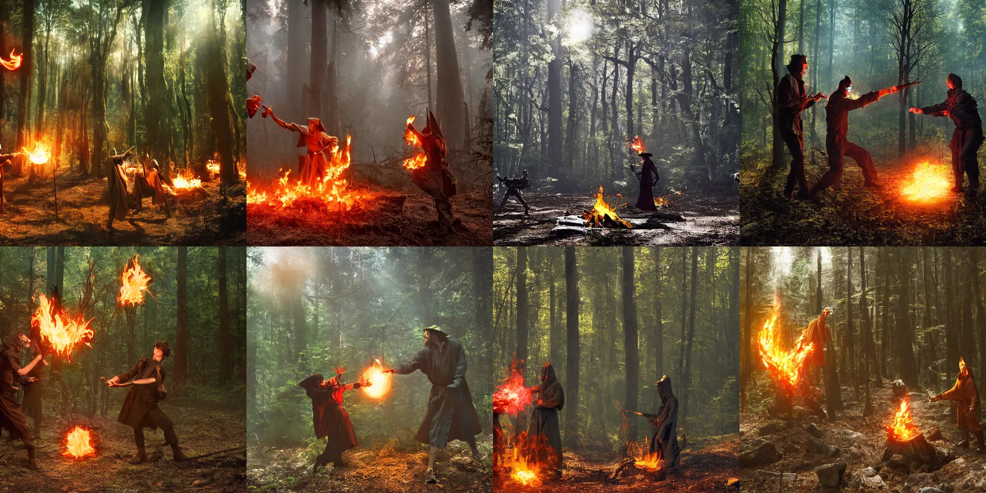 Prompt: two nuclear wizards dueling in the forest, terrible heat and flame,, dynamic lighting, film photography, realistic heat waves