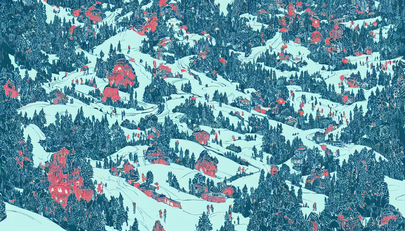 Image similar to ski slopes, chinese ink brush, yukio - e, kilian eng, victo ngai, josan gonzalez