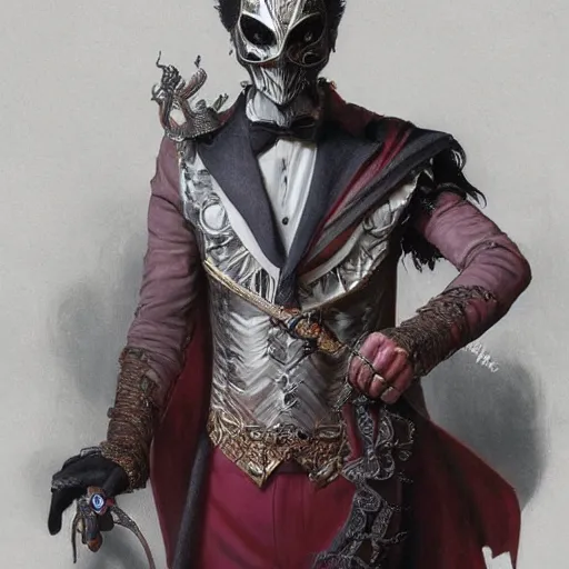 Prompt: - i full body portrait of a male magician with an awesome detailed mask controlling ghosts and spirits, spooky, horror, gothic, d & d, fantasy, intricate, elegant, highly detailed, digital painting, artstation, concept art, smooth, sharp focus, illustration, art by artgerm and greg rutkowski and alphonse mucha