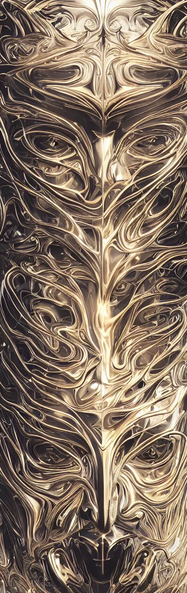 Image similar to epic illustration, low poly gold, neobrutalistic, digital abstract sculpt of beautiful female face body and black swirling latex acrylic portrait, black latex sculpt, minimalism, mechanical superstructure, sacred geometry, 8 k, cinematic, magic hour, beautiful light, sculpture of carving marble, dark colors, filigree ornaments, one point light, clockwork, epic matte painting