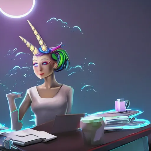 Image similar to unicorn working in an office typing on computer, fantasy, detailed, high quality, artstation contest winner