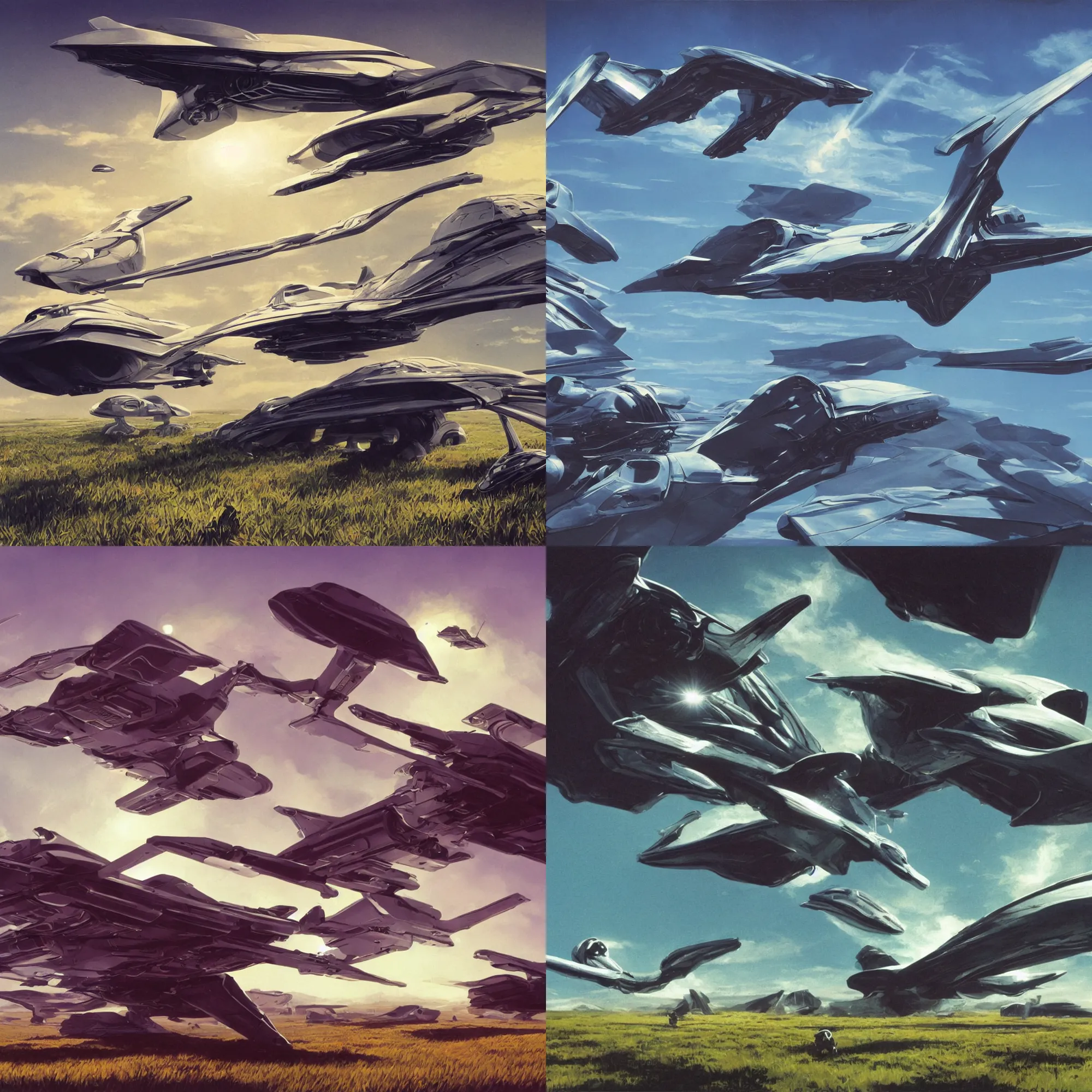 Prompt: spaceship flying over a grassy field on an alien world, cinematic perspective, cinematic lighting, Syd Mead