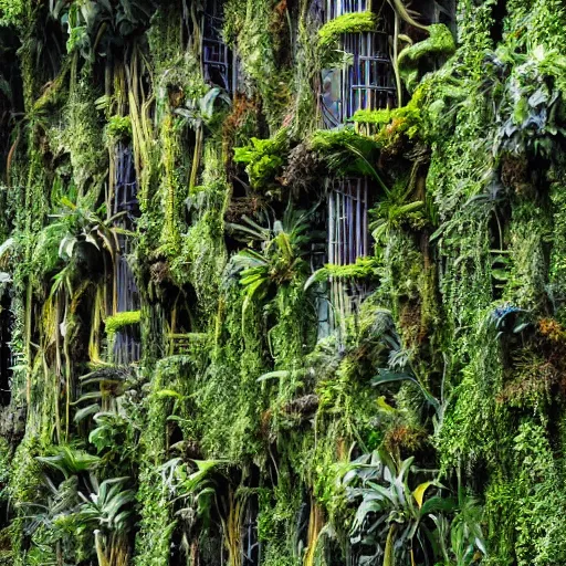 Prompt: building covered in new zealand endemic epiphytes