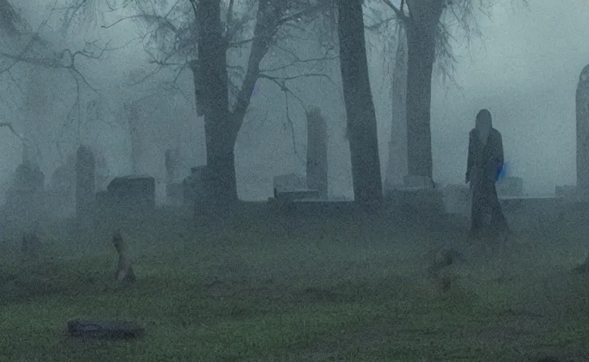 Prompt: a ghost walking though an old cemetary. haunted. night, rain, mist. hyper detailed. movie screencap