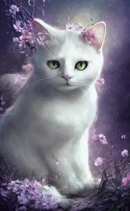 Image similar to a white cat with cosmos in its eyes, dynamic lighting, photorealistic fantasy concept art, trending on art station, stunning visuals, creative, cinematic, ultra detailed