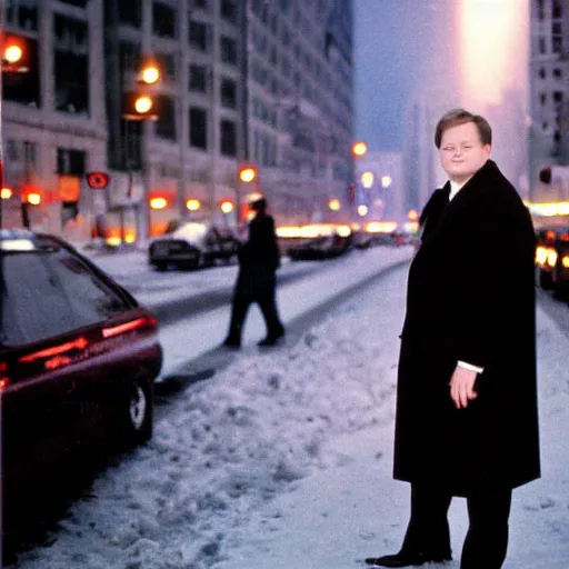 Image similar to 1 9 9 8 andy richter wearing a black wool coat and necktie standing on the streets of chicago at night in winter, holding shopping bags, dynamic lighting, holiday season.