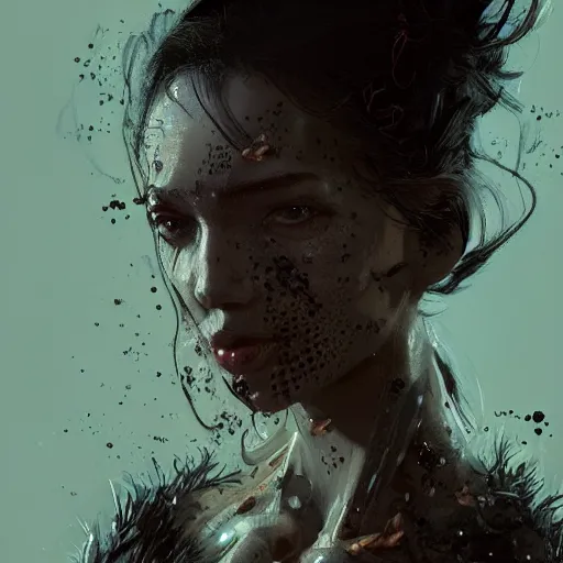 Prompt: portrait of a woman with black hair and insects coming out of her skin, trypophobia dramatic lighting, illustration by Greg rutkowski, yoji shinkawa, 4k, digital art, concept art, trending on artstation